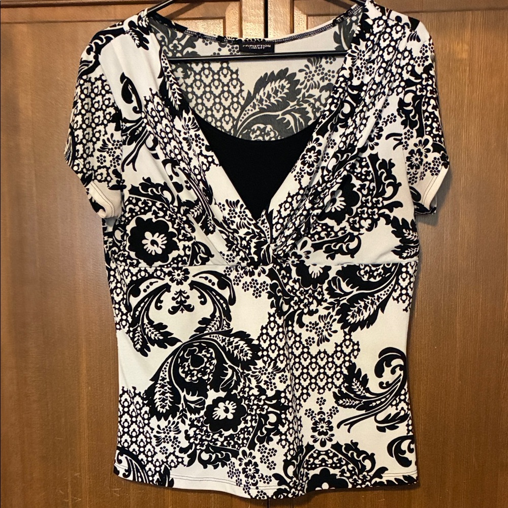 New York & Company Black and Cream Floral Blouse